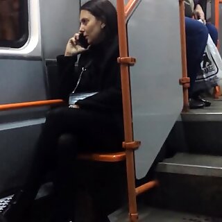 Hot 중년 여성 in black 팬티 스타킹 in late tram